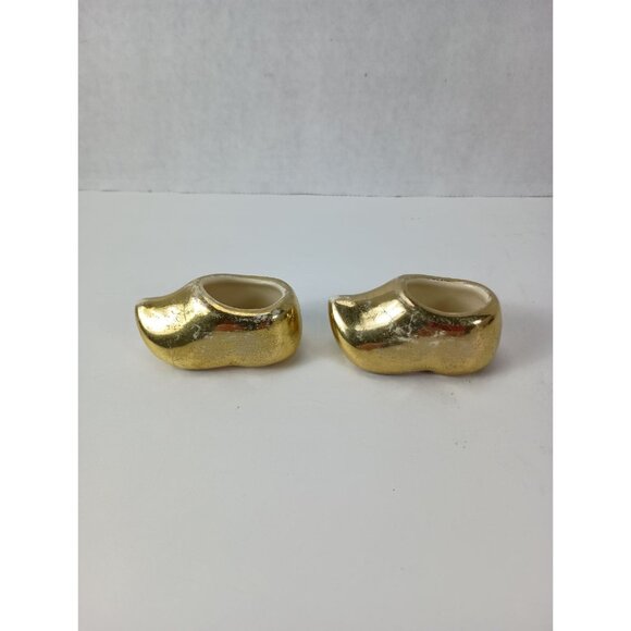 Pair Of Dutch Shoes Gold Ceramic Small Figurine Statue Vintage - Picture 4 of 8